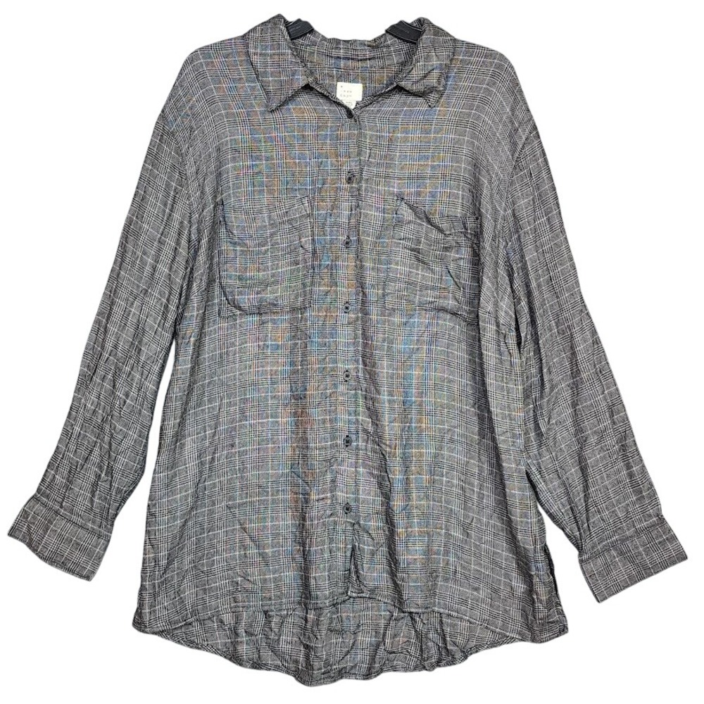 A New Day Plaid Button Down Shirt Long‎ Sleeve Women's XXL Black Gray Soft